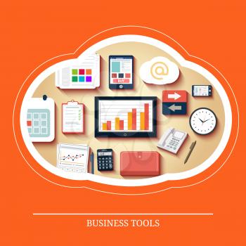 Business tools. Flat design long shadow concept connected mobile devices