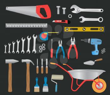 Modern hand tools. instruments collection for metalwork, woodwork, mechanical and measuring works.