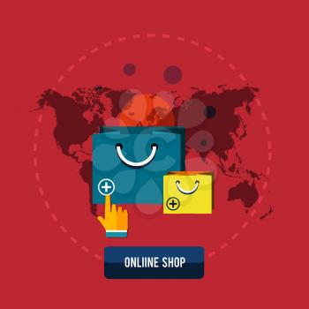 Online shopping concept with icons of retail commerce and marketing elements. 24 hours service