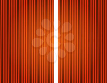 Curtain orange closed, open with light spots in a theater
