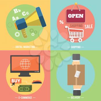 Icons for e-commerce, delivery, online shopping, digital marketing, business tools