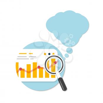Magnifying glass and chart with bubble on white background. Business concept of analyzing in flat design