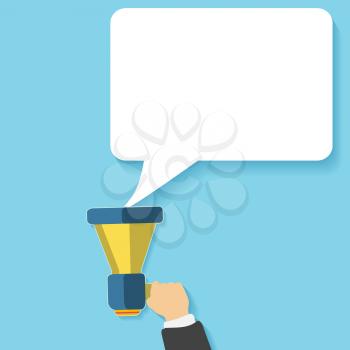 Hand holding a yellow megaphone with white bubble. Business concept of marketing in flat design. White bubble speech in social communication concept