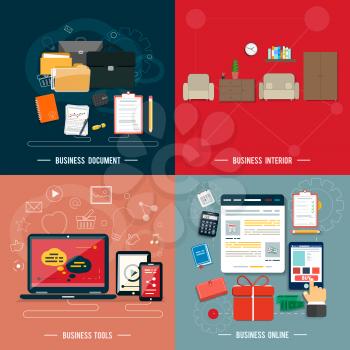 Icons for business tools, interior, business online, documents in flat design