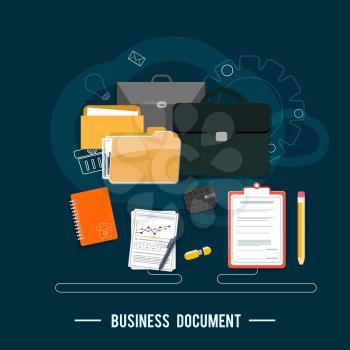 Business documents concept. Poster concept with icons of business documents via management and organization ideas symbol and workplace elements in flat design