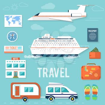 Icons set of traveling, planning a summer vacation, tourism and journey objects and passenger luggage in flat design. Different types of travel. Business world travel concept