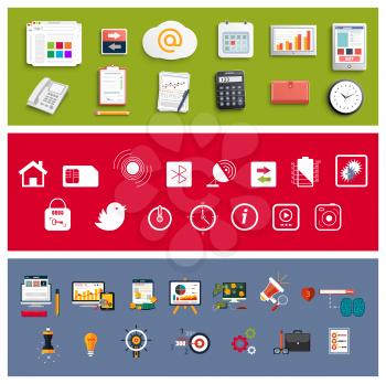 Workplace office and business work elements set in flat design style. Mobile devices and documents icons. Set for web and mobile applications of office work