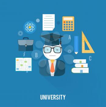 University concept with item icons. Student with briefcase and book, document, ruler, pencil and calculator in flat design style