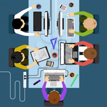 Office workers business management meeting and brainstorming on square table in top view flat design cartoon style