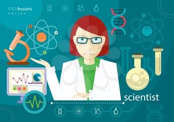 Profession scientist with icon elements of laboratory test tubes microscope analysis of molecule flat design cartoon style