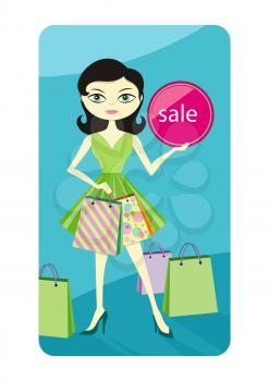 Shopping sale girl woman showing shopping bag with sale written on lable. Beautiful smiling woman showing red shopping tag flat design cartoon style