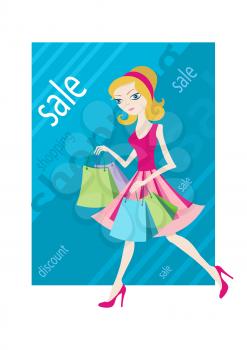 Shopping sale girl woman goes and showing shopping bags flat design cartoon style
