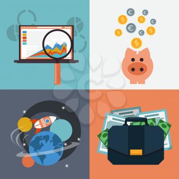 Set of business icons seo analysis piggy bank space with rocket case with dollars and documents flat design style