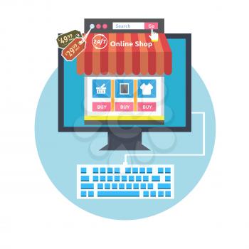 Internet shopping process. Business online sale icons. Poster concept with icons of buying product via online shop and e-commerce and shopping elements in flat design