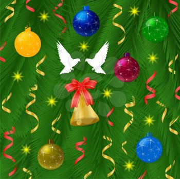Christmas balls with dove pine and bell on green tree background