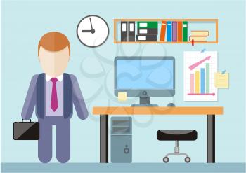 Business idea concept. Businessman standing in office near table and holding a briefcase in hand in flat design