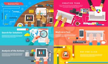 Creative team. Young design team working at desk. Business plan strategy with touchscreen presentation. Search for solutions infographics. Businessman working on notebook with different task. Analysis