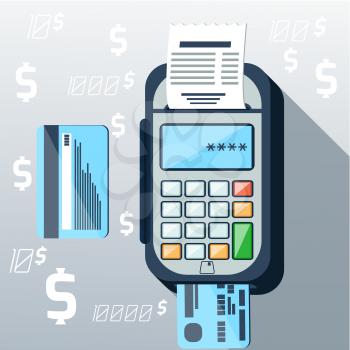 Cash mashines issues receipt of payment card on background with dollar sign flat design long shadow style