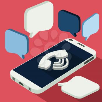 Smartphone call and sends message via sms chat 3d flat design style. White telephone on desk calls