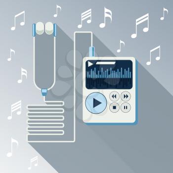 Playing music in white Mp3 player long shadow on background with notes flat design cartoon style. Touchphone with connected headphones