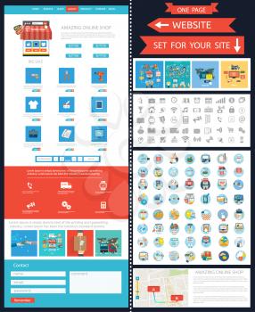 Internet shopping concept smartphone with awning buying products via online shop store e-commerce ideas e-commerce symbols sale elements on website page template. Set of web page with icons