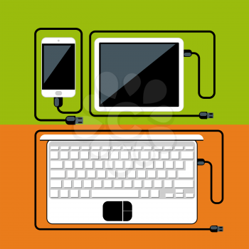 Laptop, digital tablet, smartphone with usb cables ready for connection and work flat design