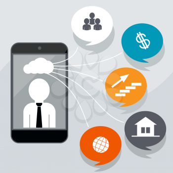 Business concept with icons of contacts, home page, finance, network, career. Man in smartphone with cloud of icons
