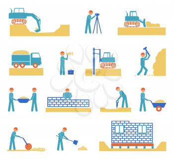 Set of builder construction industry management icons, civil engineering and management on white background