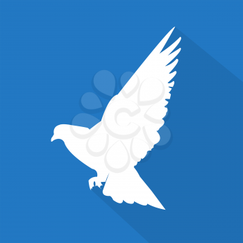 Creative white dove icon with shadow on blue background