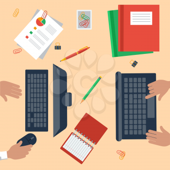 Top view of workplace hands with laptop, notebook, pencils, stationery pc and documents