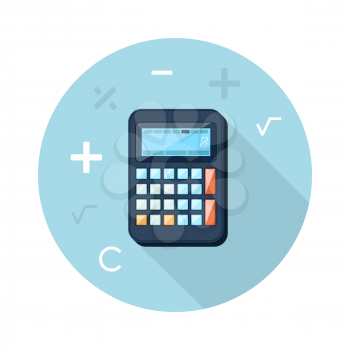 Calculator icon with mathematical symbols multiplication division plus minus construction background in the root flat design long shadow style