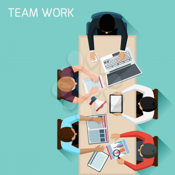 Office teamwork workers business management meeting and brainstorming on square table in top view flat design cartoon style