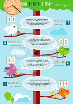 Timeline infographic, four step. The conceptual branch - bird with speech bubble