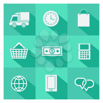Set of online shopping elements and ecommerce symbol icons with long shadows on green background