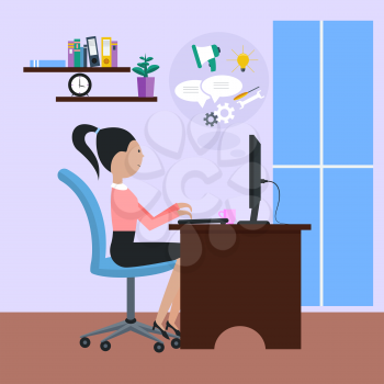Woman girl sitting on chair at table in front of computer monitor and cartoon flat design style. Side view of female office worker using computer at desk in office near window