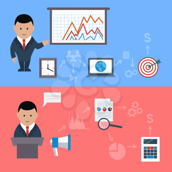 Flat design concept of businessman presenting development and financial plan on meeting
