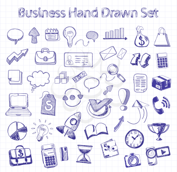 Set of doodle business management infographics elements icons on background in the box. Sketch collection of man bubble graph letter badge magnifying glass lightbulb chart arrow bow card. Hand drawn s