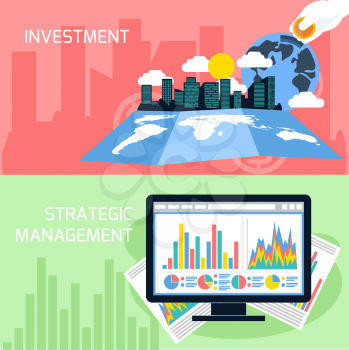 Flat design concept of business analytics, planning, strategic management and finance, investment