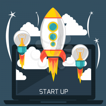 Business start up idea template. Start up rocket idea. New business project start up, launching new product or service in flat design