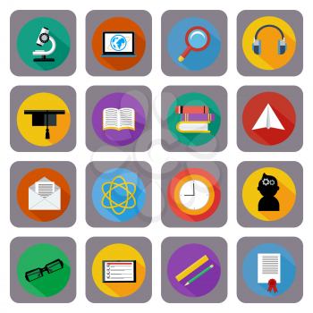 Set of 16 square icons for online education, e-learning, knowledge and science flat style with long shadow