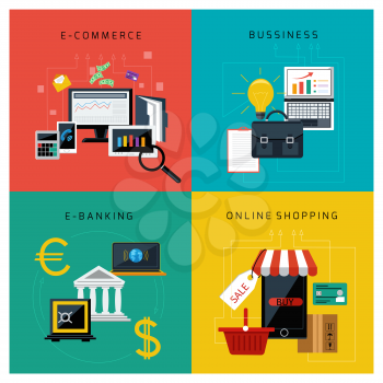 Concept set for e commerce, online banking, business and online shopping flat design