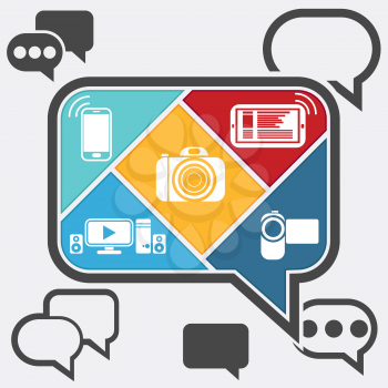 Bubble chatting infographic with icons mobile or cell phone, smartphone, contact set camera videocamera in flat design style
