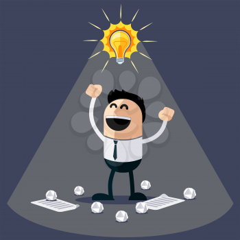 Businessman with ideas. Happy funny cartoon character. Businessman with lightbulb over his head and crumpled sheets of paper under feet flat design style