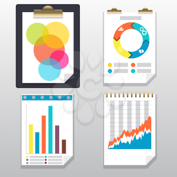 Clipboard with financial infographic icons. Clipboard, charts and graphs on paper page