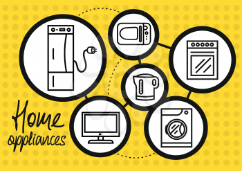 Icon set of home appliance with refrigerator, washing machine, gas stove, microwave, TV, electric kettle on yellow dotted background