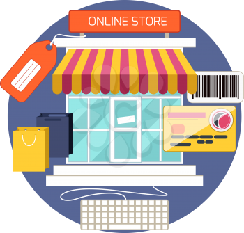 Internet shopping concept computer with awning of buying products via online shop market store flat design