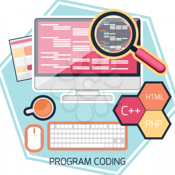 Flat design concept of program coding computer