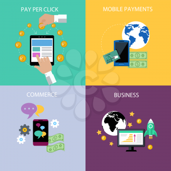 Icon set in flat design of business start up, commerce, mobile payment and pay per click concepts