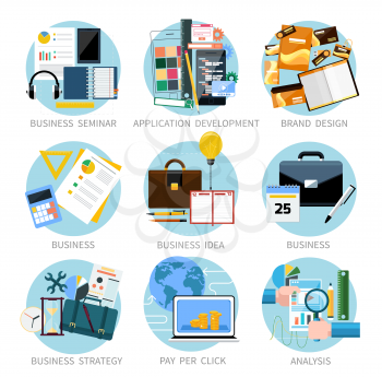 Icons set banners for applocation development, business seminar, business strategy, pay per click, brand design, business idea, adaptive development, analysis in flat design