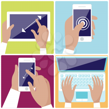 Flat design icon set with hands typing on keyboard of laptop,  hold smartphone showing some of multitouch gestures in flat design
